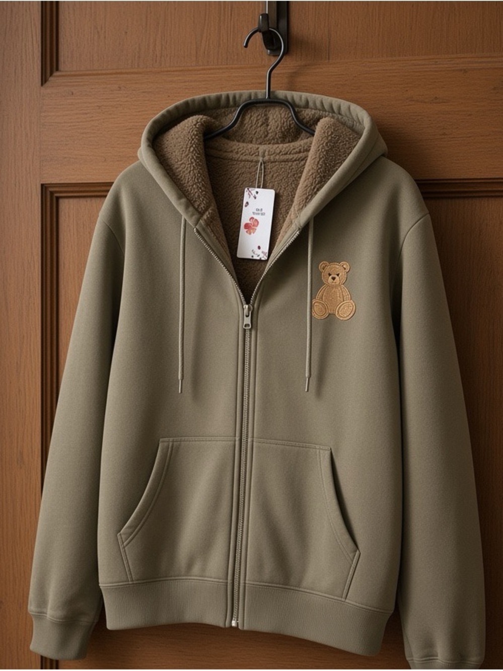 Men's Olive Green Teddy Fleece-Lined Zip Hoodie